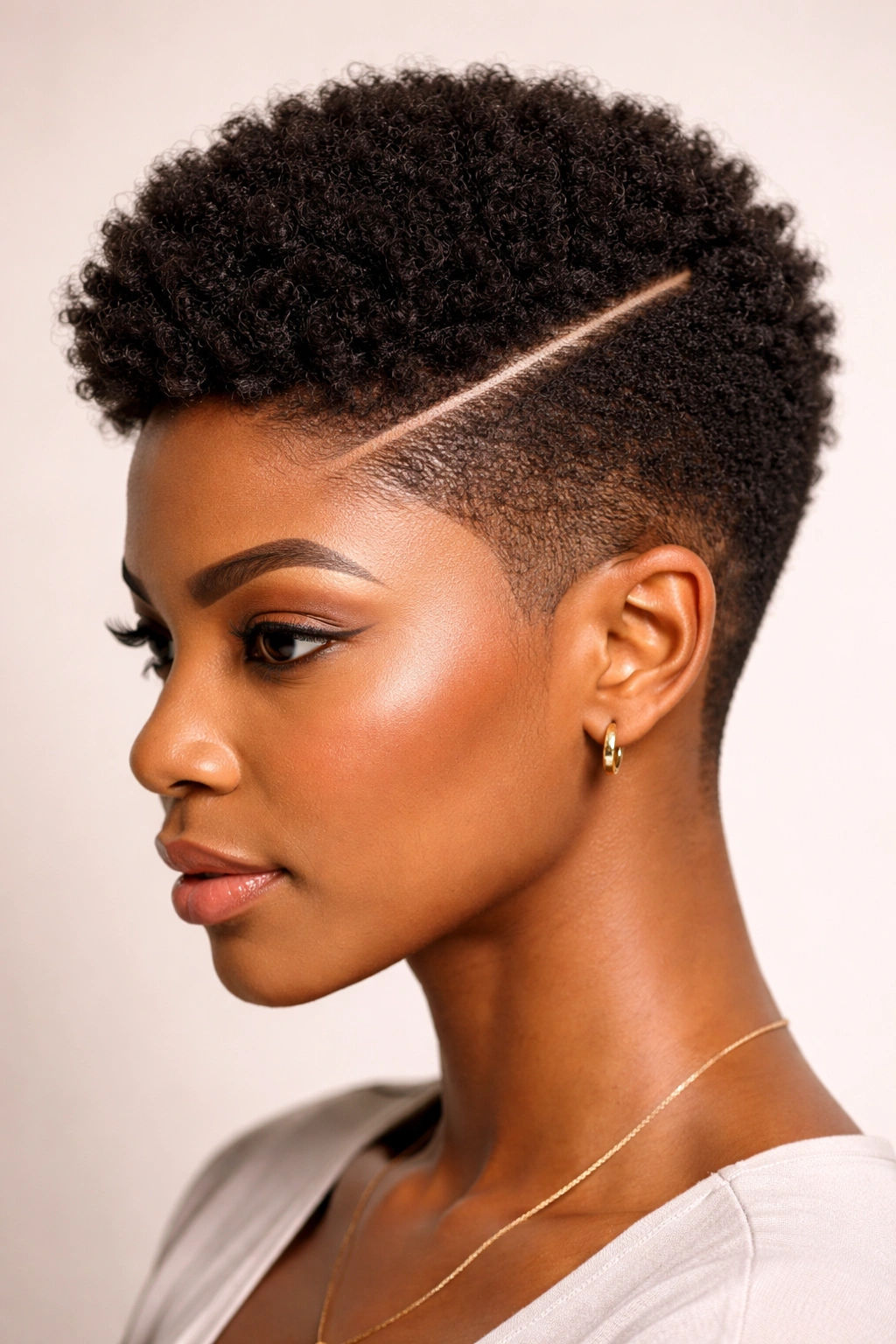Short afro with a crisp geometric side part line