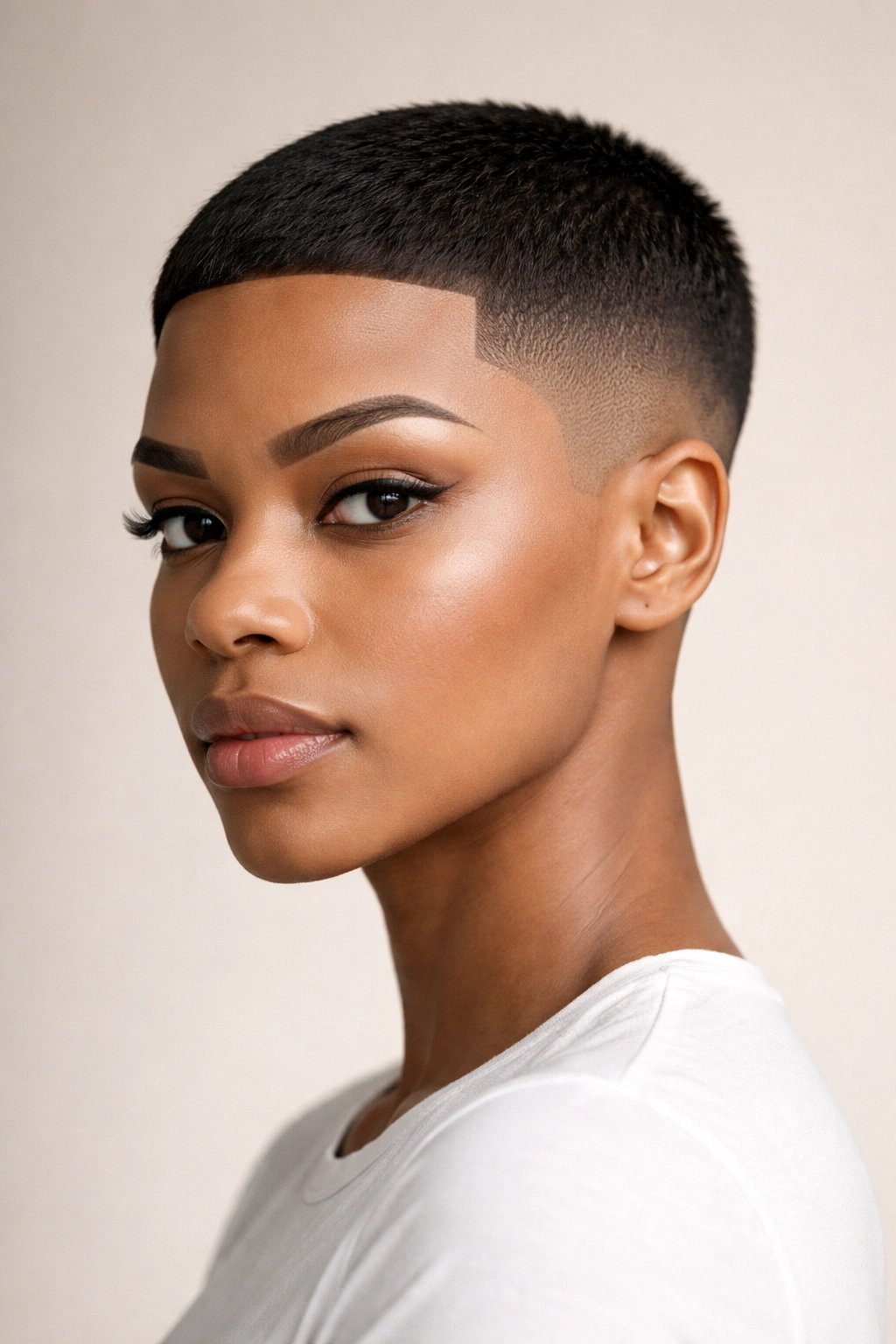 10 Short Taper Haircuts That Look Sharp On Women 8 Front view of a person with geometric sharp taper and blunt crown