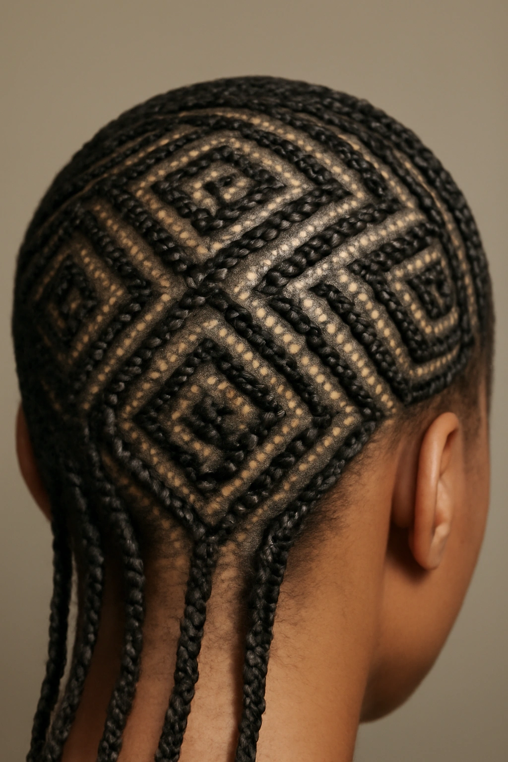 Geometric tribal micro braids pattern on scalp