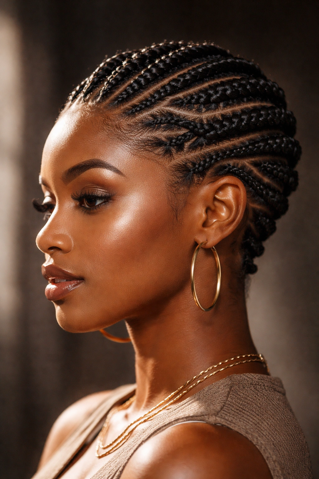 Close-up of raised Ghana braids with tapered ends on a short-length head