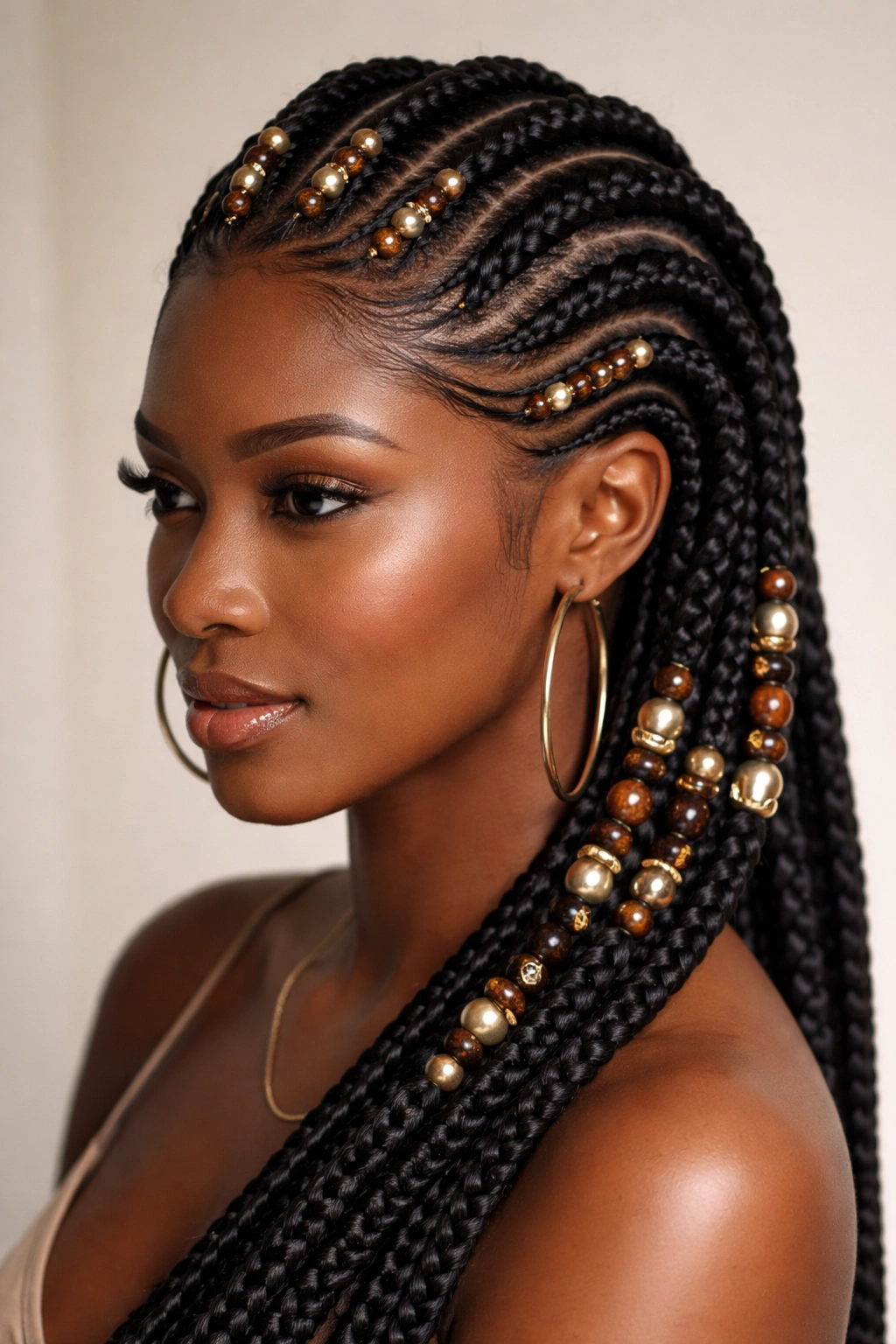 10 Beautiful Beaded Hairstyles For Black Women 7 Close-up of Ghana braids with beads forming curved architectural patterns on the scalp