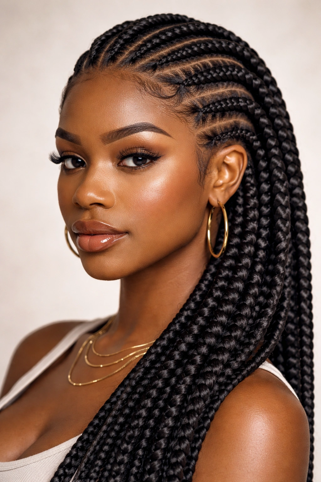 Close-up of Ghana braids with bold geometric patterns on coily hair
