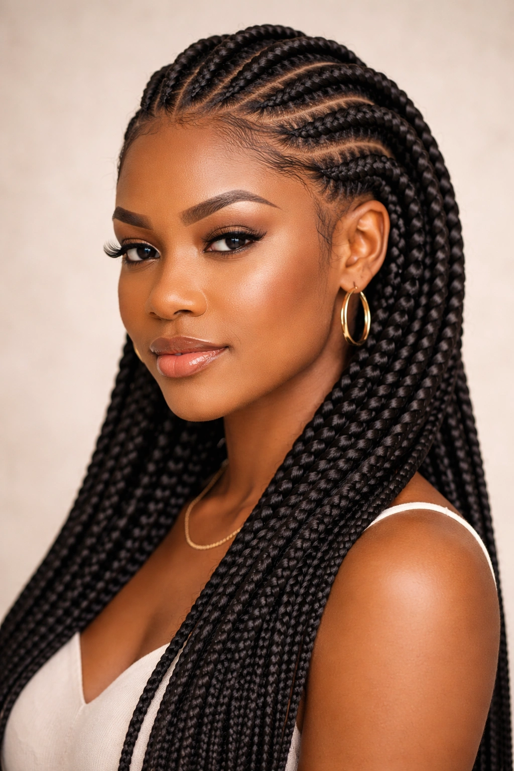 Close-up of Ghana braids with curved cornrows and extensions framing the face