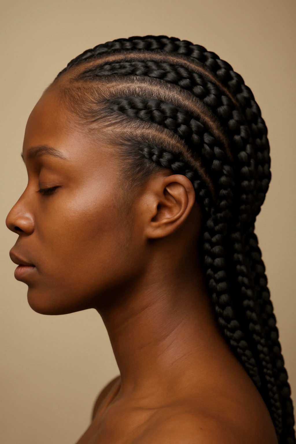 12 Protective Braids for Natural Hair to Bookmark 8 Profile close-up of feed-in Ghana braids creating fuller cornrows near the scalp.