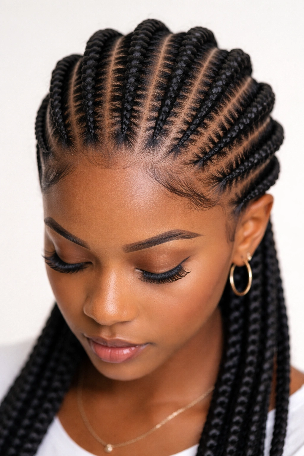 Thread-wrapped Ghana braids in clean cornrows