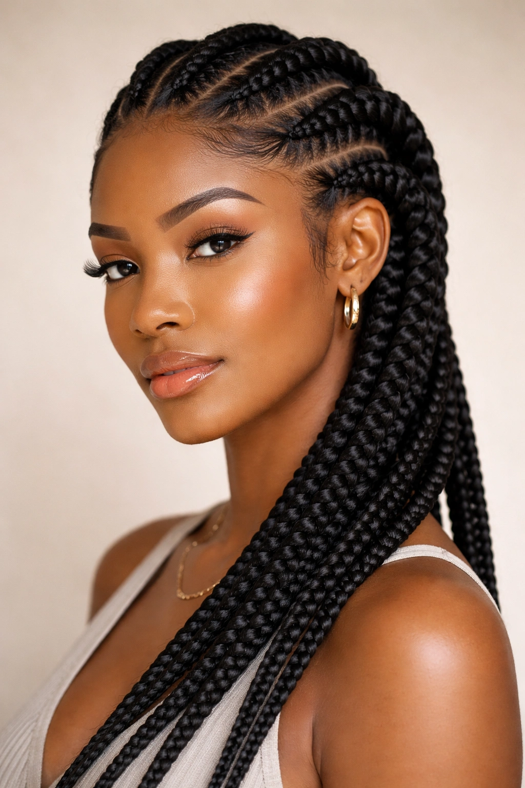 Ghana braids in bold thick sections forming a sculptural pattern on the scalp