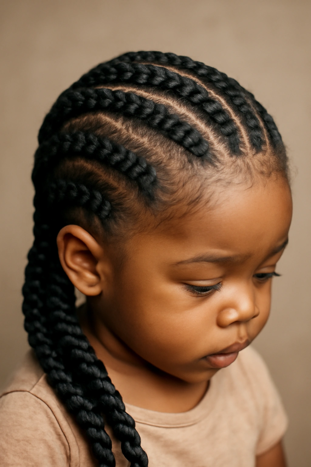 12 Beautiful Braided Hairstyles for Black Toddlers 4 Close-up of toddler wearing Ghana braids curving across the scalp