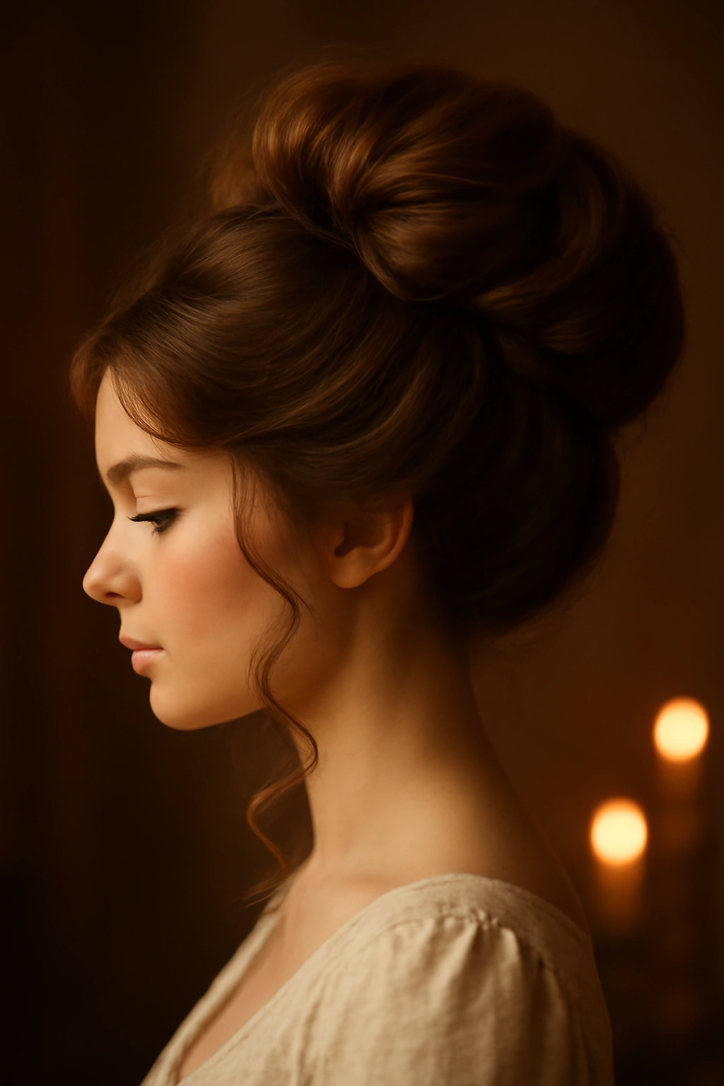8 Romantic Updos for Weddings and Date Nights 7 Close-up profile of a Gibson Girl updo with crown volume and soft curls