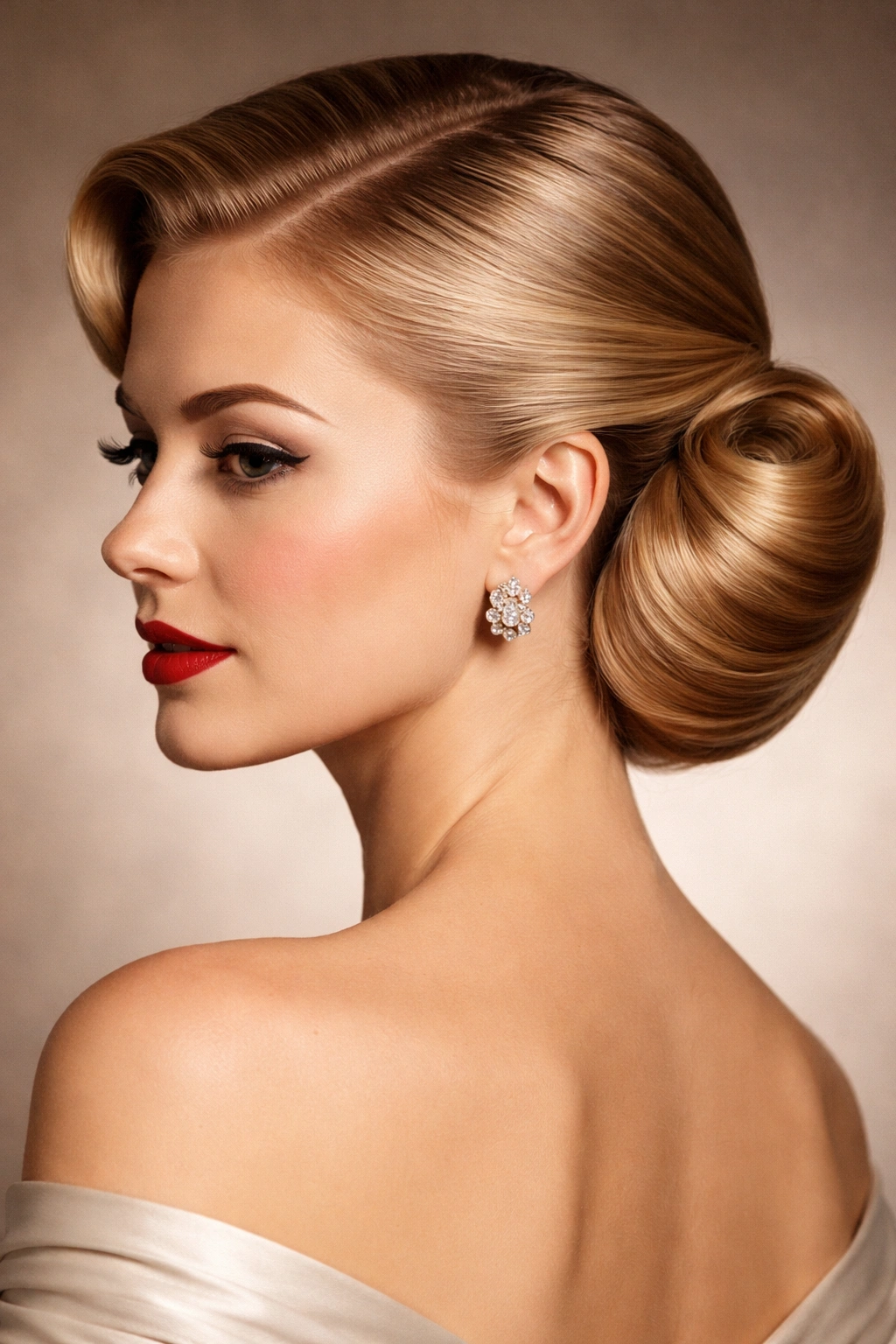 Sleek Gibson Roll hairstyle with a smooth cylindrical roll