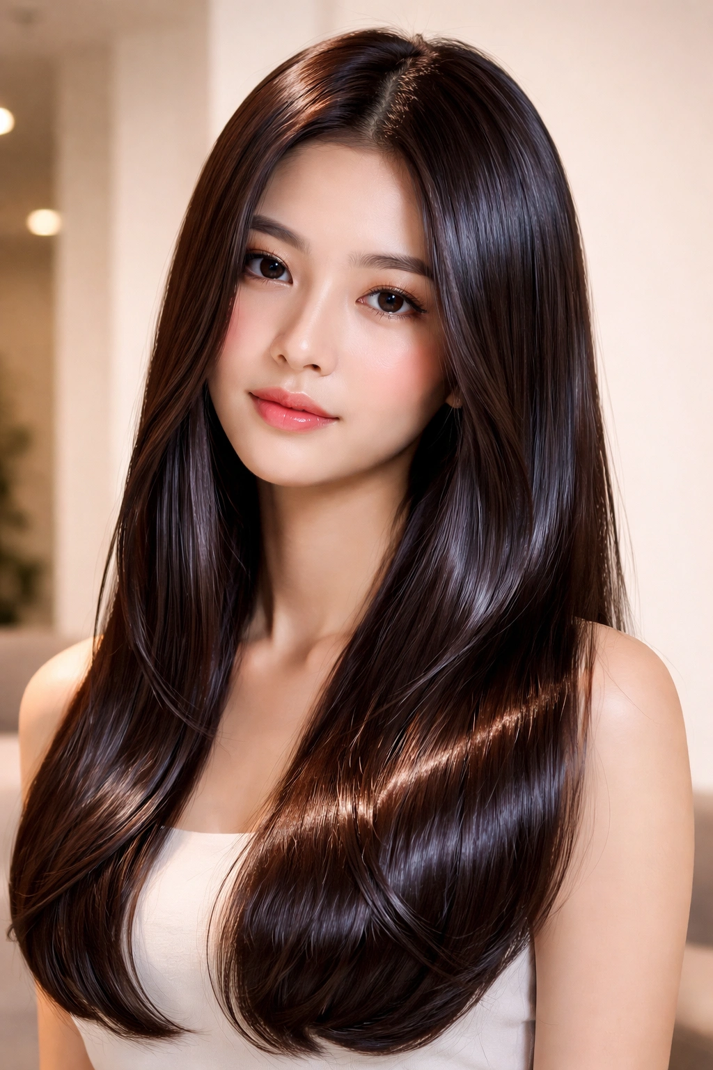 Close-up of glossy glass hair with reflective shine on dark strands