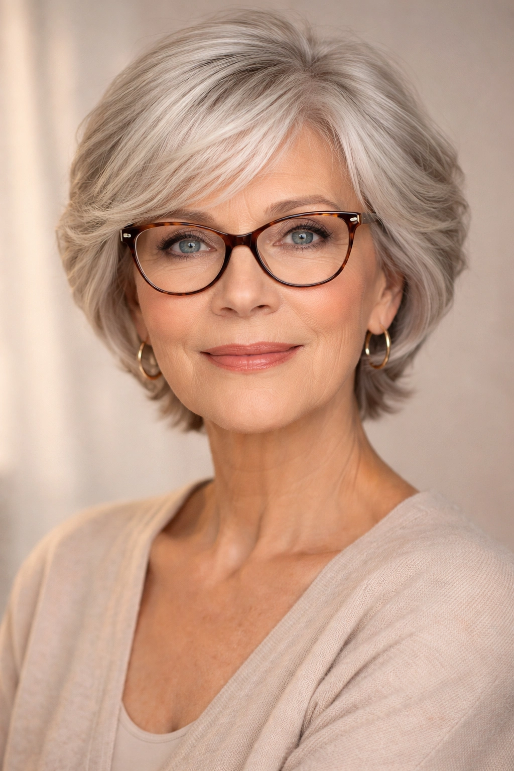 Portrait of an older woman wearing chic glasses and a haircut that flatters her frames.