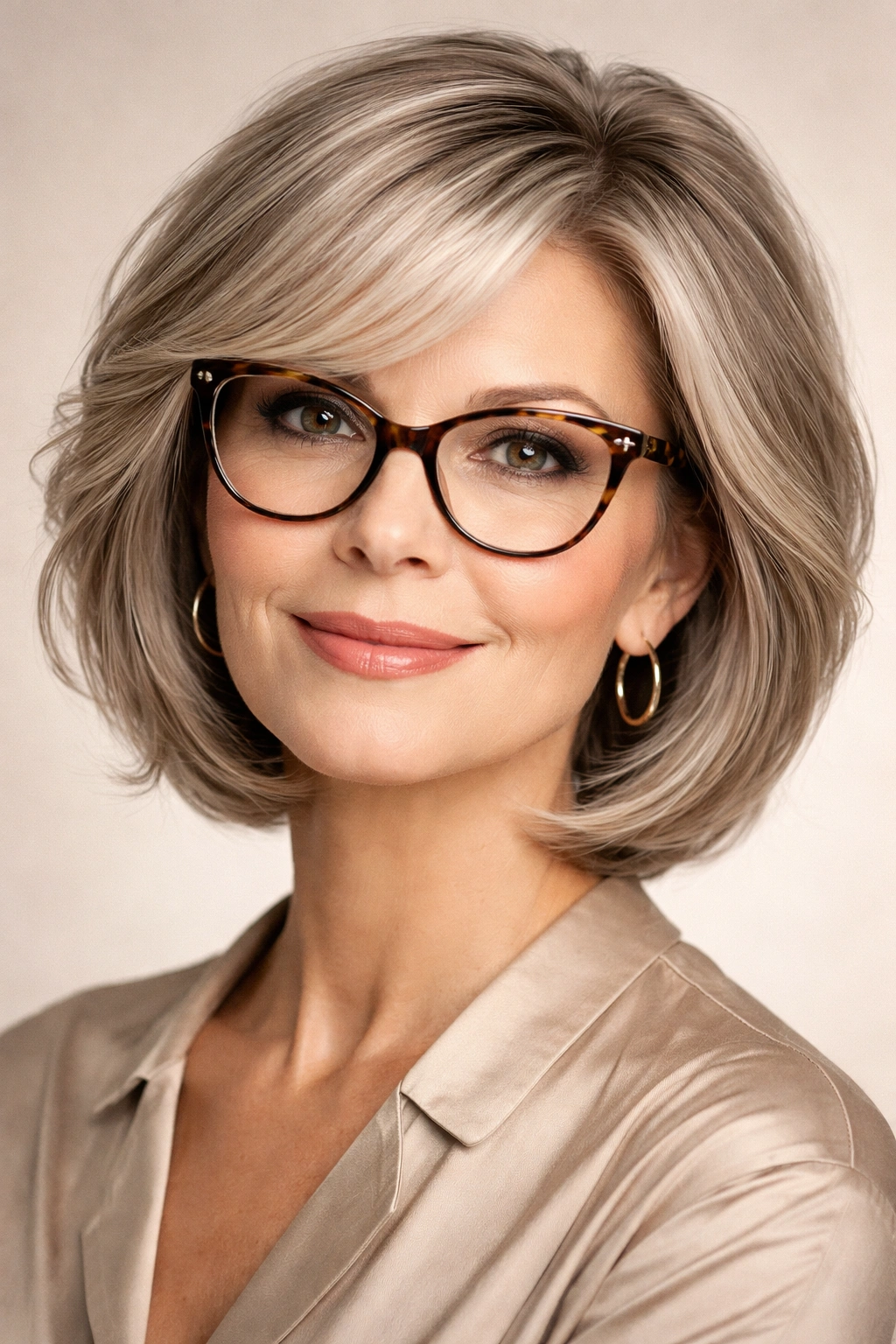 Close-up of a woman with glasses and a balanced hairstyle