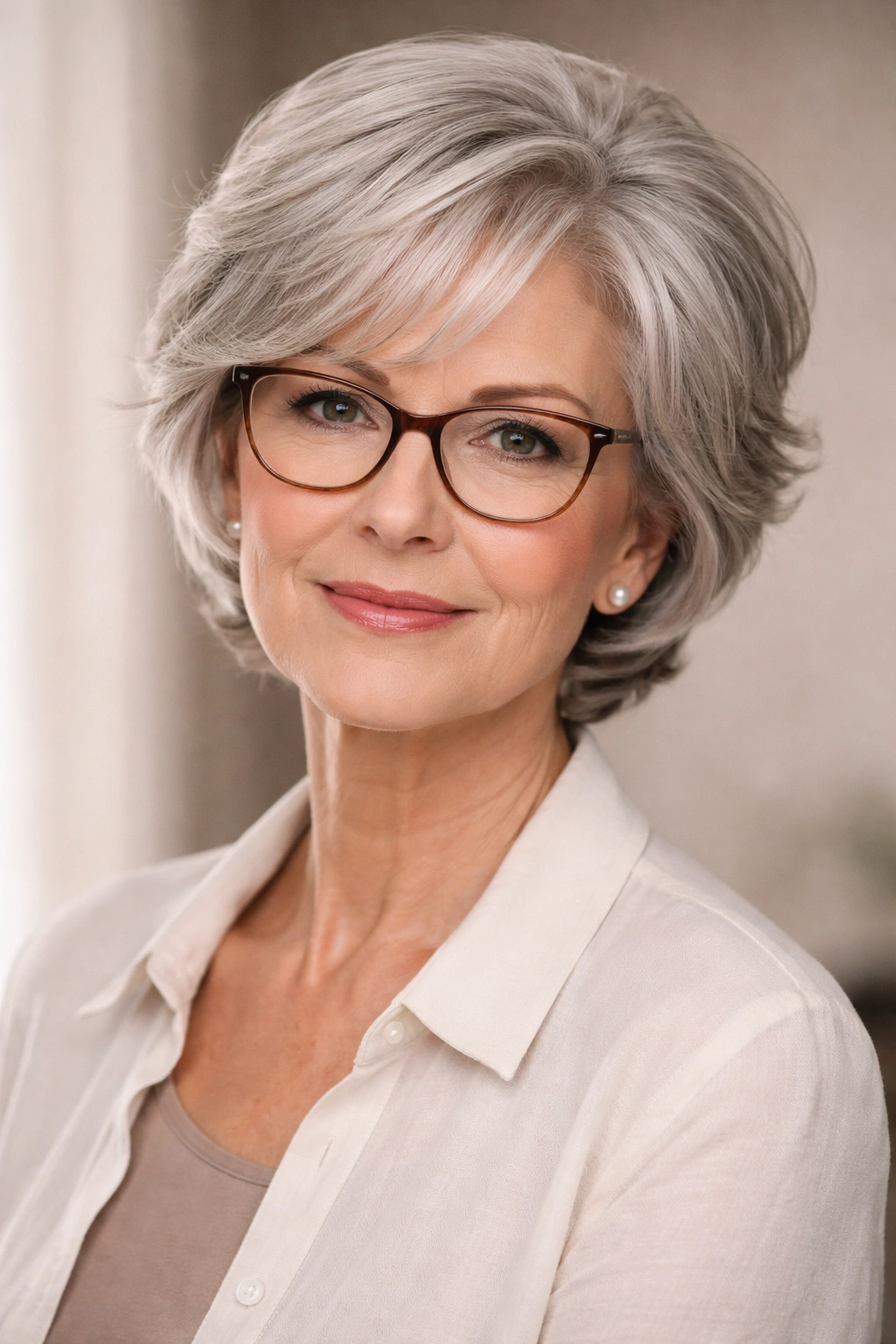 Portrait of an older woman with glasses, illustrating hairstyle considerations for seniors.