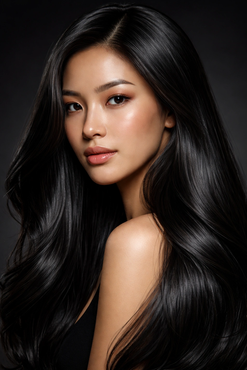 Close-up portrait focusing on glossy black hair with rich depth and shine.