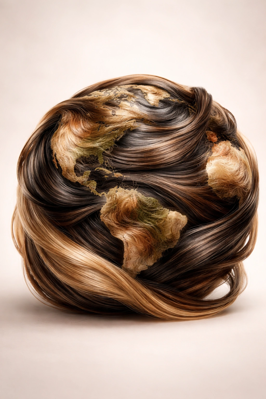 Photorealistic globe wrapped in hair strands representing the global hair trade