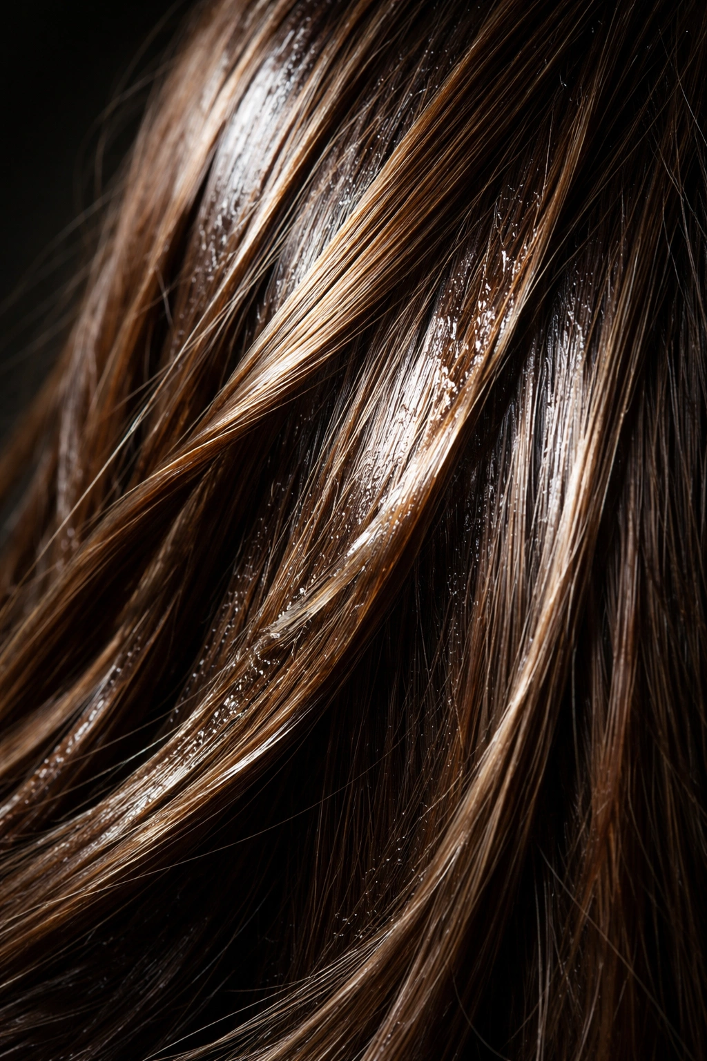 Hair strands with heavy gloss buildup appearing slick