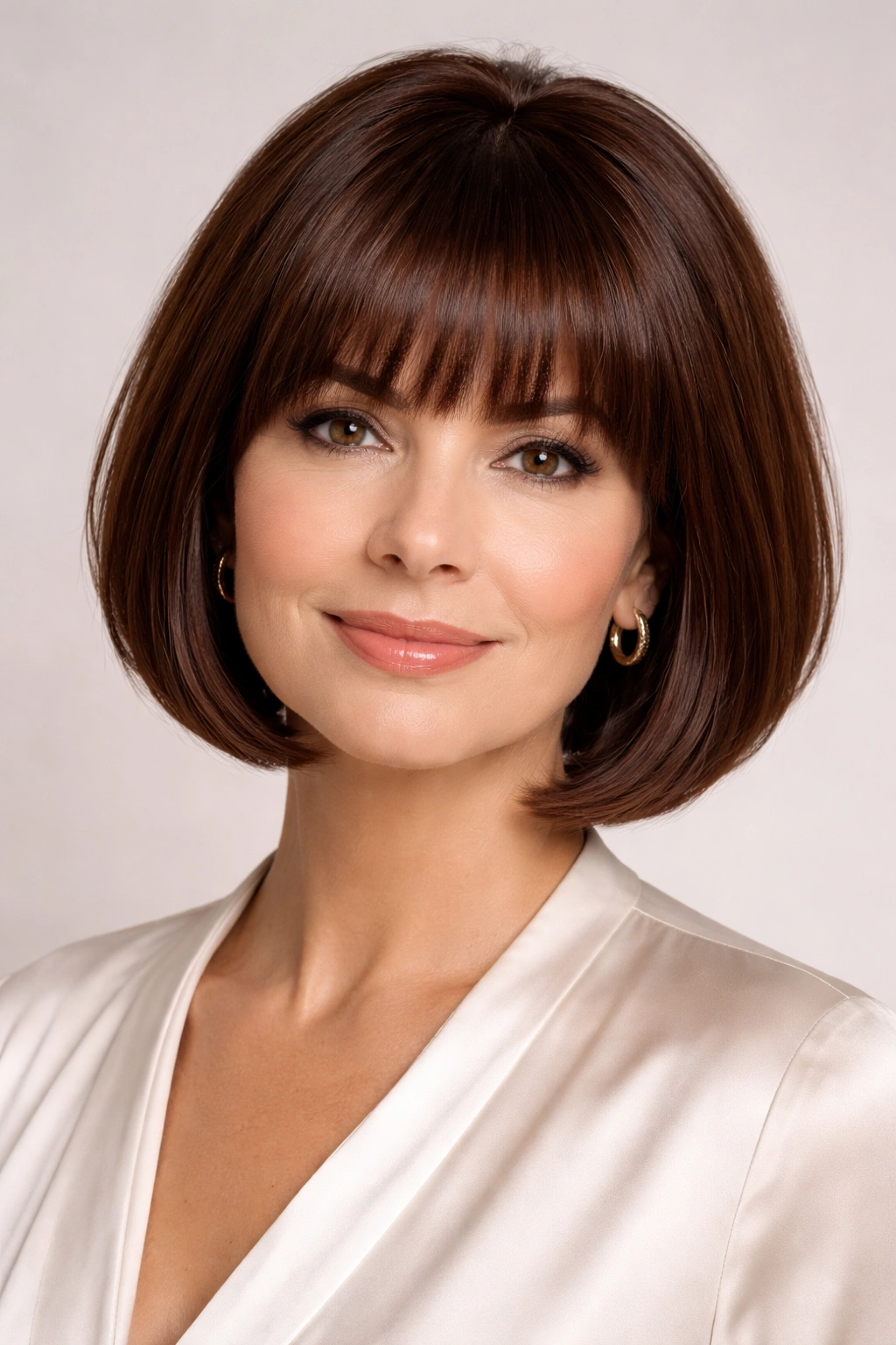 Glossy chestnut bob with a full fringe