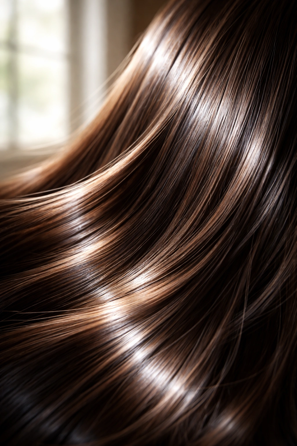 Close-up of shiny hair strands reflecting natural sunlight to show gloss