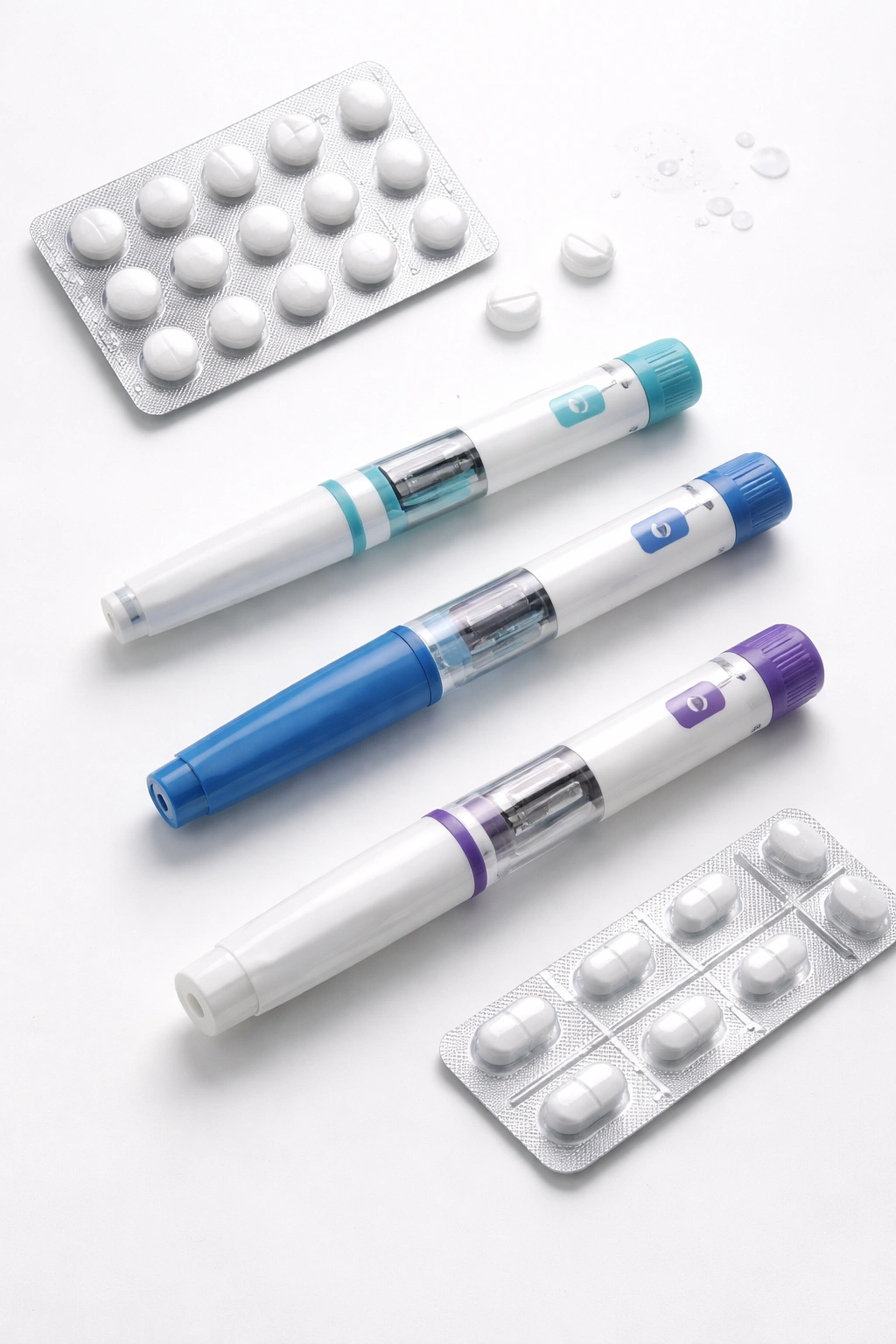 Close-up of GLP-1 medications injection pens and pill blister packs on a clean surface