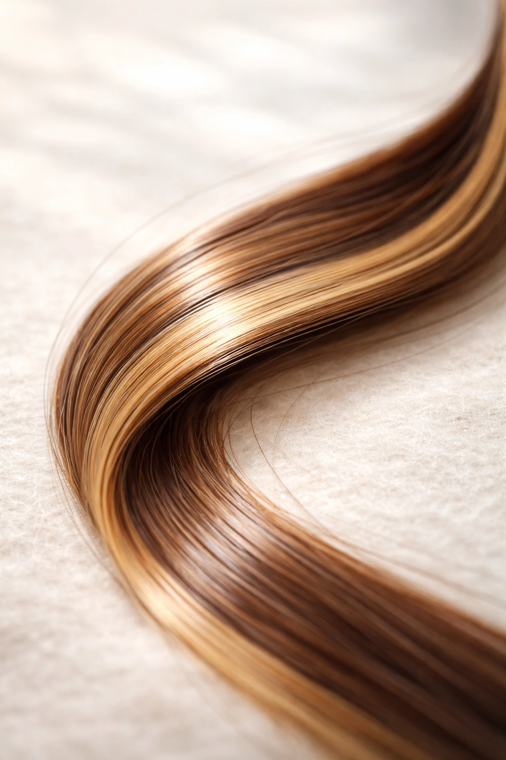 Close-up of a healthy glue-free hair strand on a neutral background