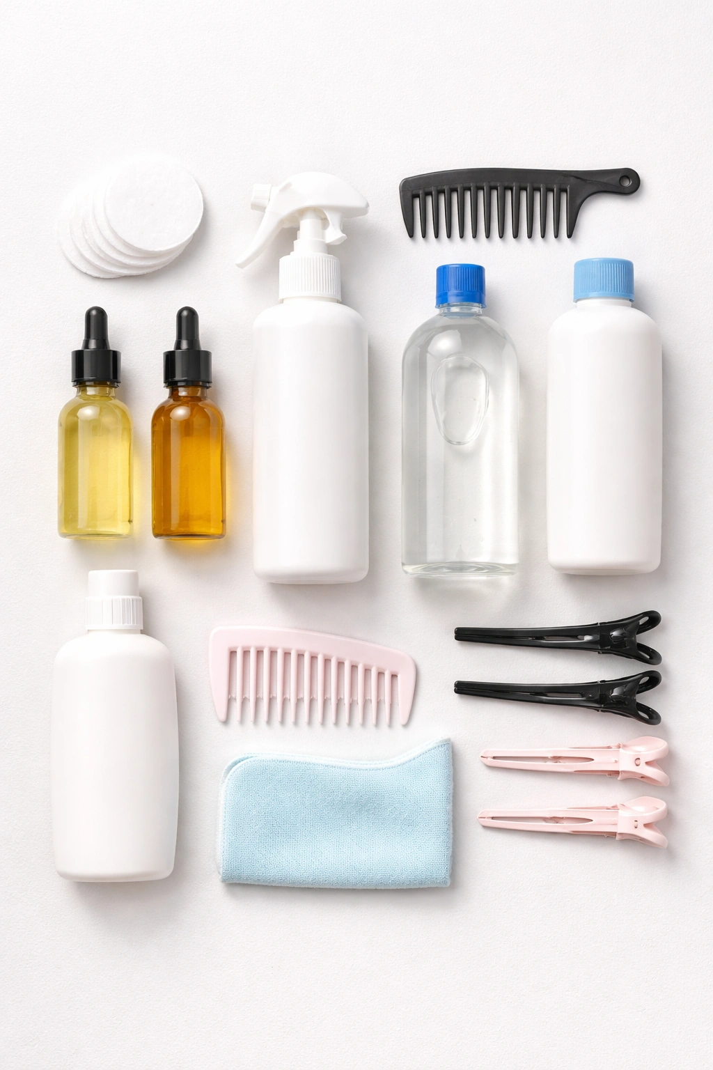 Flat lay showing glue-removal toolkit with oils, pads, comb, and clips.