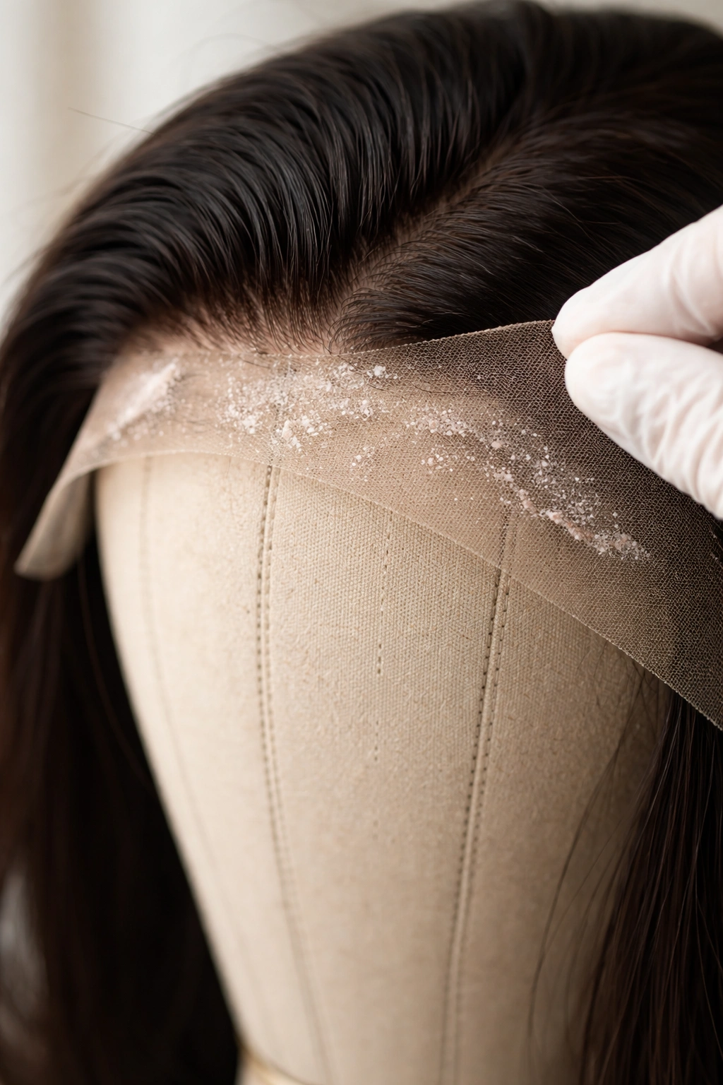 Close-up of lace front area with adhesive residue on a wig