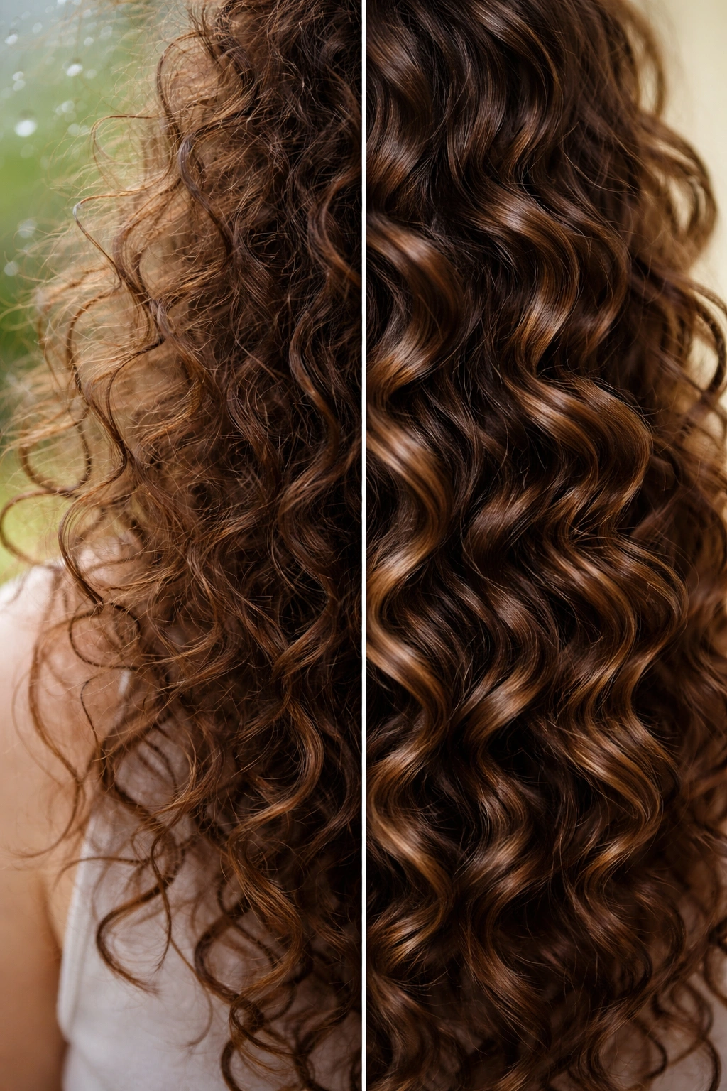 Close-up of frizzy curls illustrating humidity-related drawbacks of glycerin.