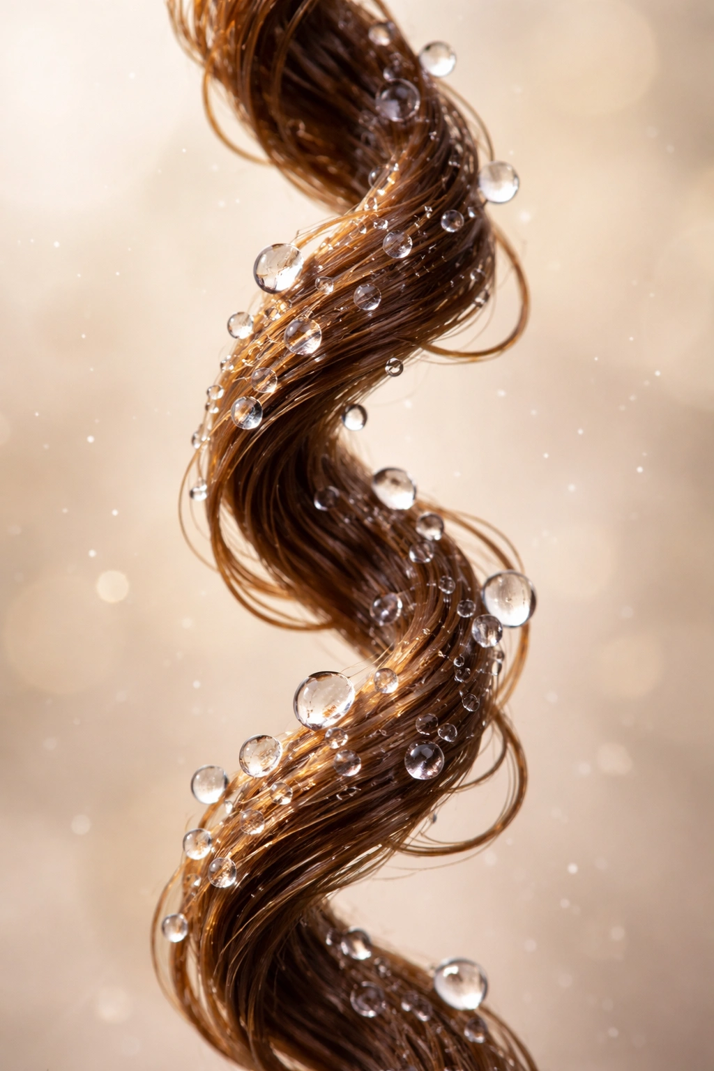 Macro image of hydrated curly hair with moisture beads illustrating glycerin's humectant effect.