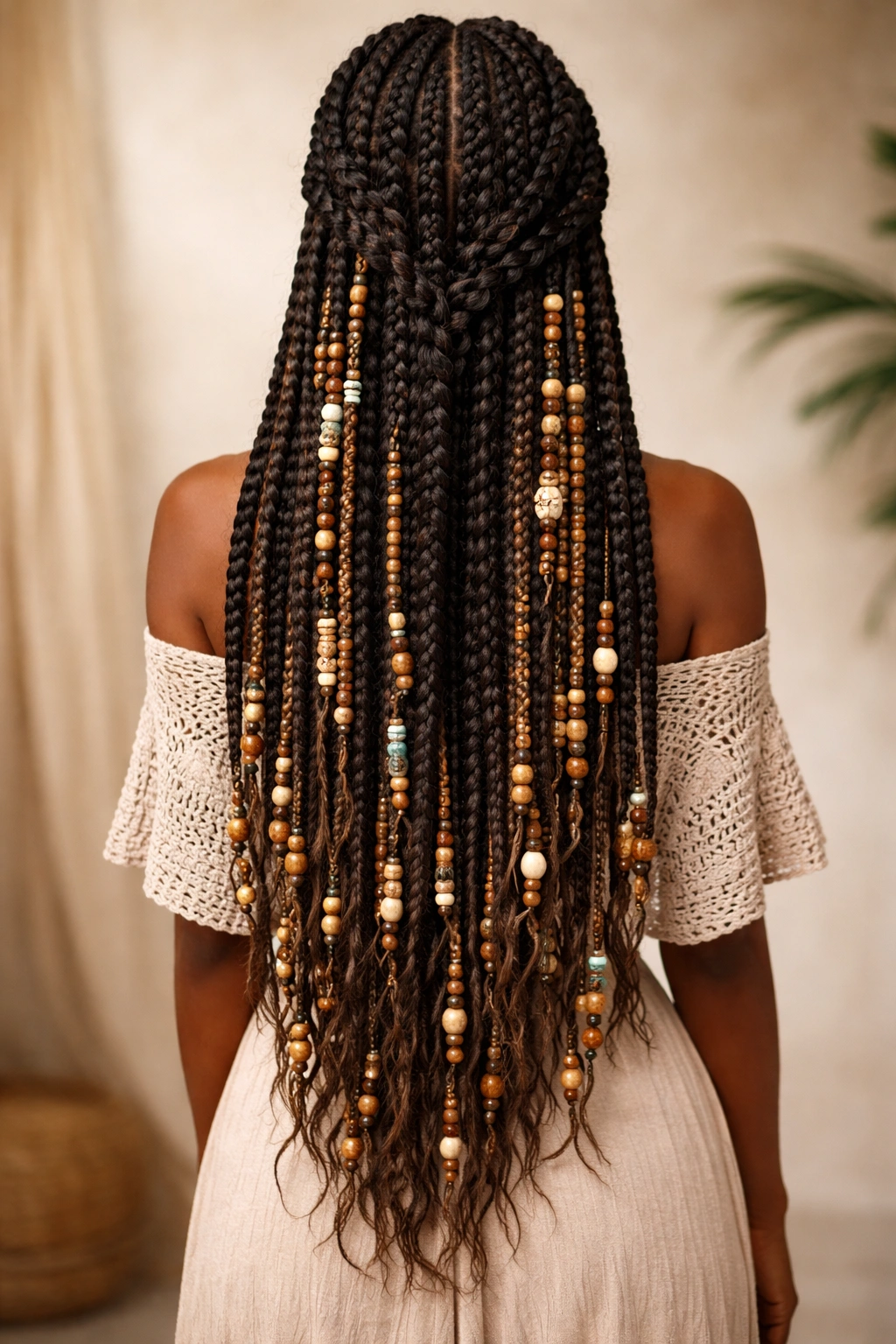 Goddess braids with a boho mix of beads in wood, metal, glass textures