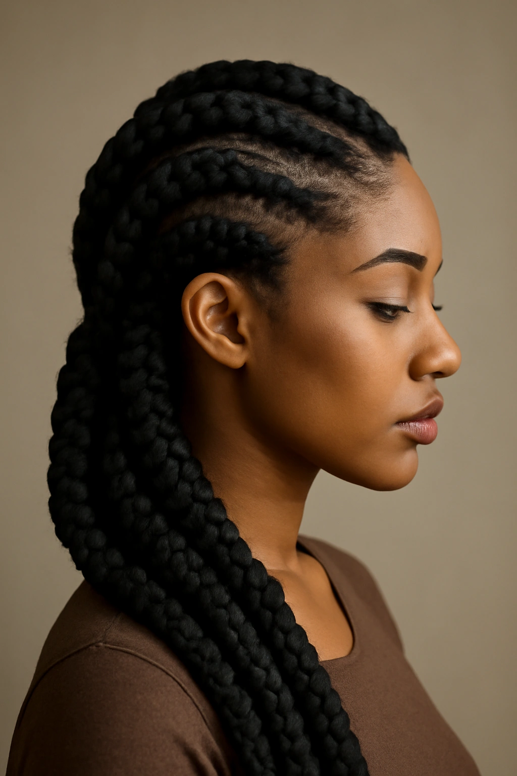 12 Protective Braids for Natural Hair to Bookmark 11 Full-head view of oversized goddess braids with sculptural curved lines.