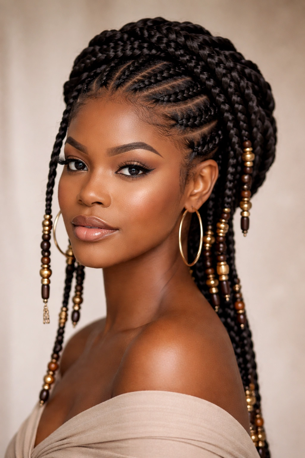 Goddess braids arranged into a crown with extensions and beads