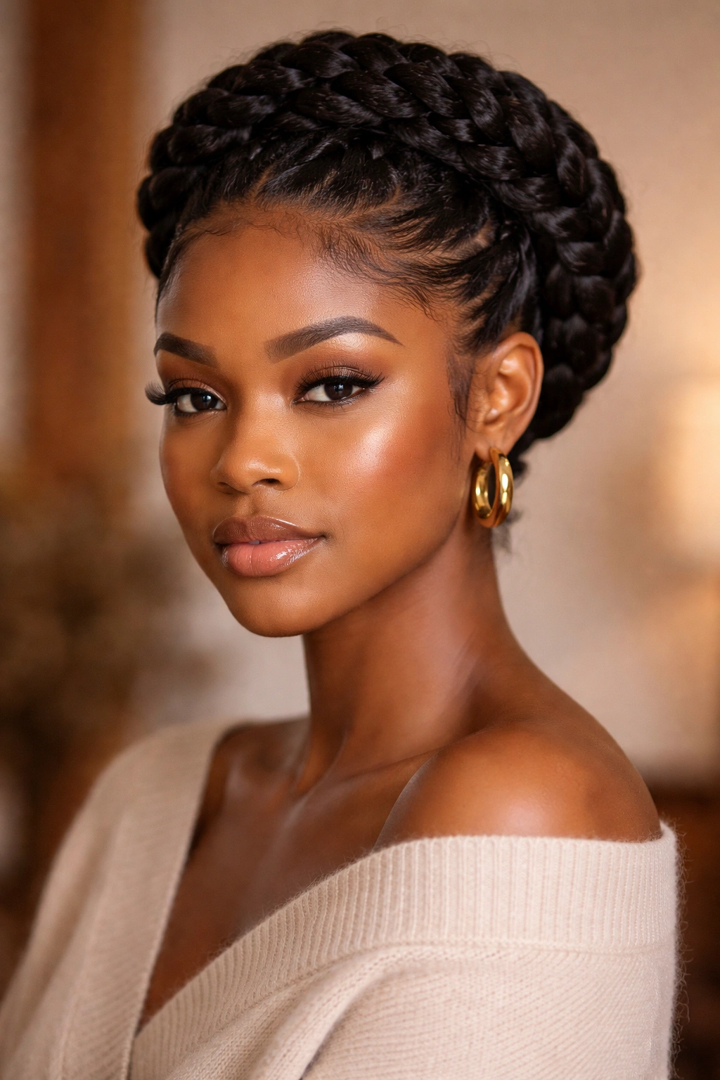 Goddess braids wrapped around crown with high placement