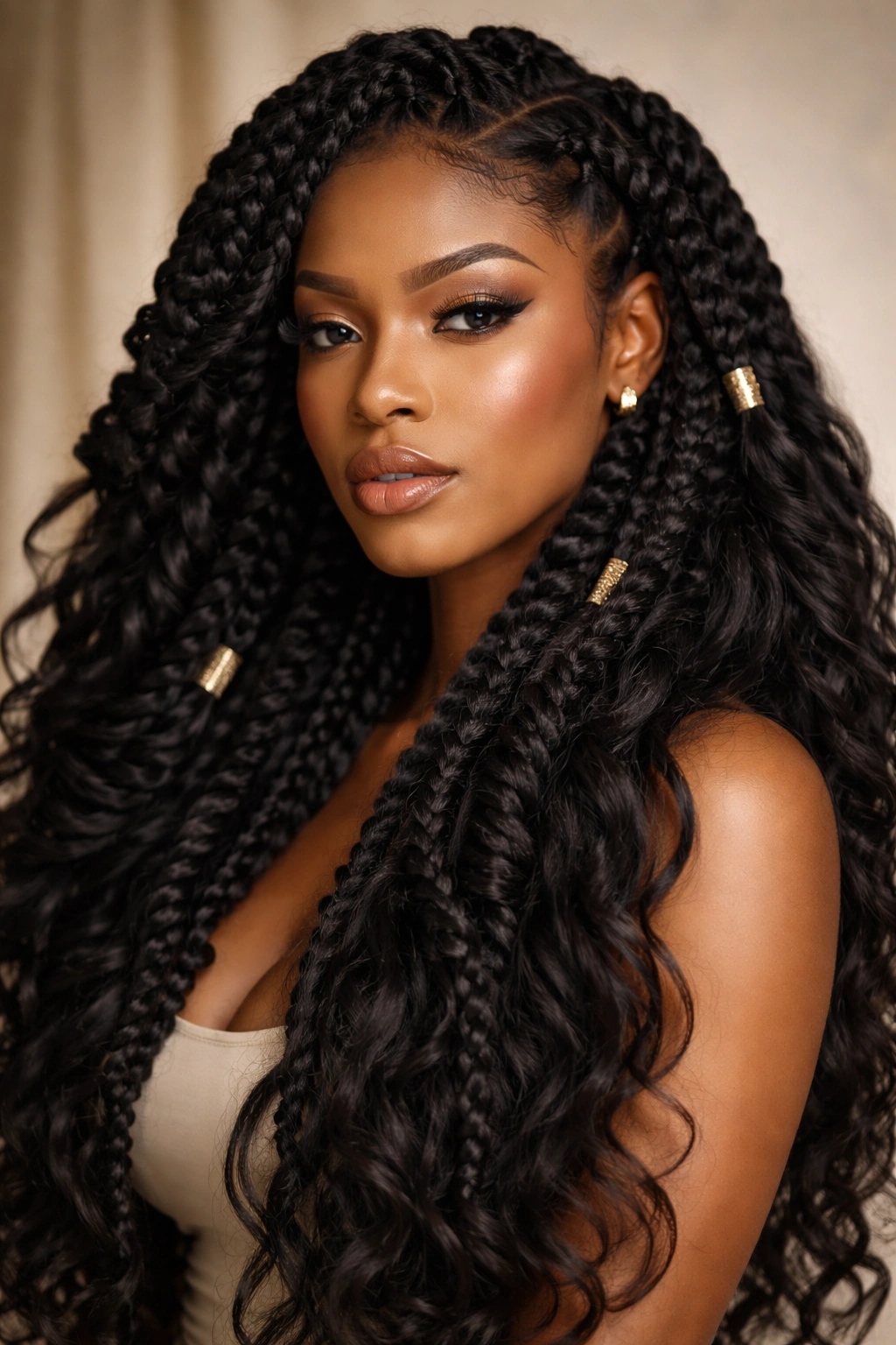 Portrait of a person with thick goddess braids flowing around shoulders