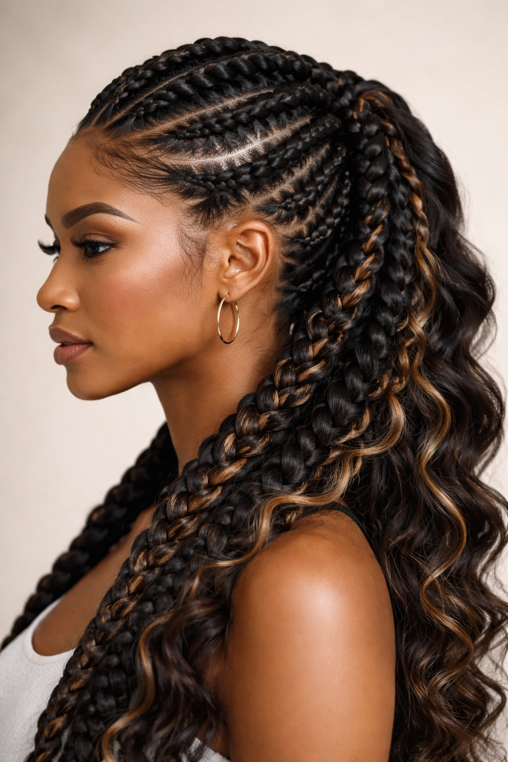 Close-up of thick goddess braids with extensions on a mannequin head