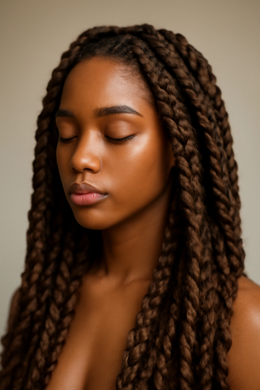 20 Hairstyles for Black Women Sorted by Hair Texture 13 Close-up of thick goddess braids with extensions framing a head, showing texture and volume