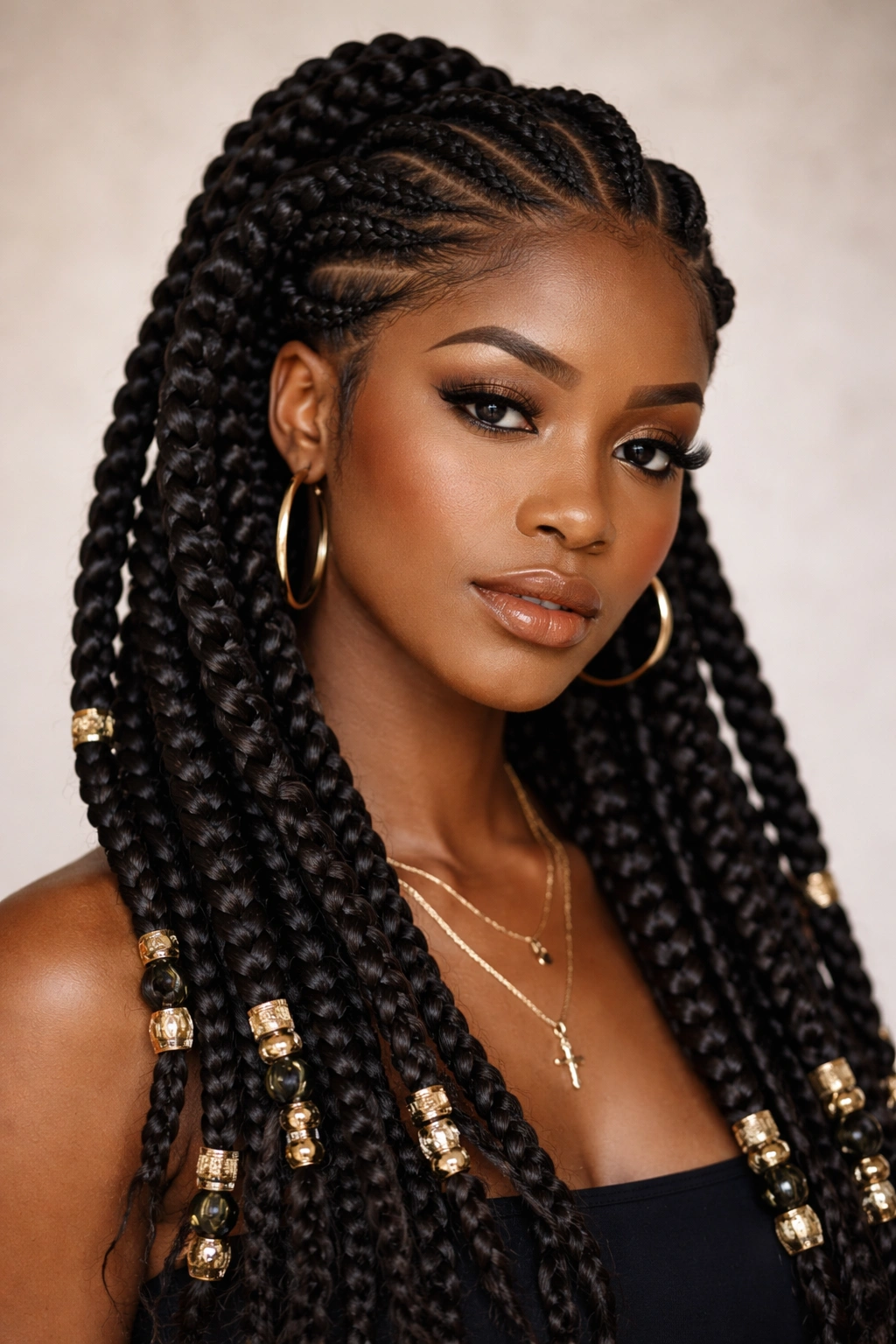 Portrait of a person with large goddess braids around the head.