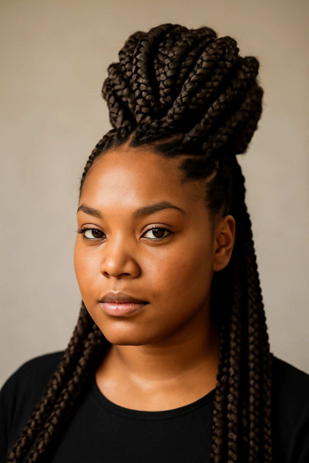 12 Flattering Hairstyles for Black Women With Round Faces 9 Goddess braids with crown-height adding vertical structure to the look