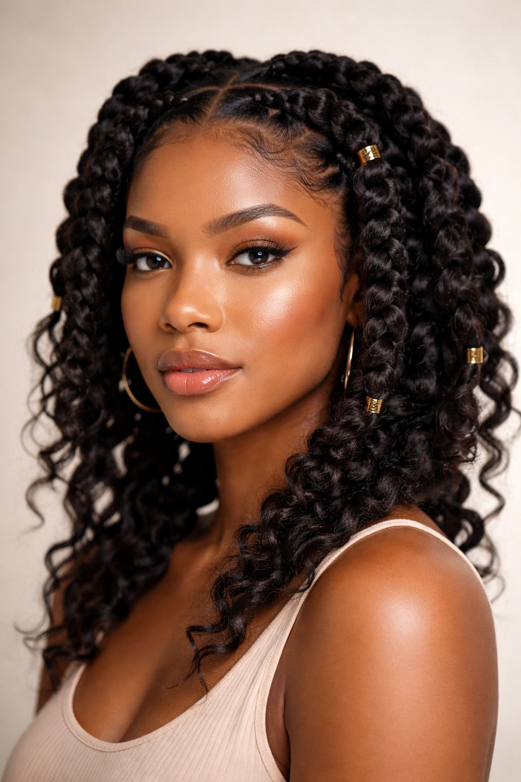 Close-up of short goddess braids with thick, voluminous texture