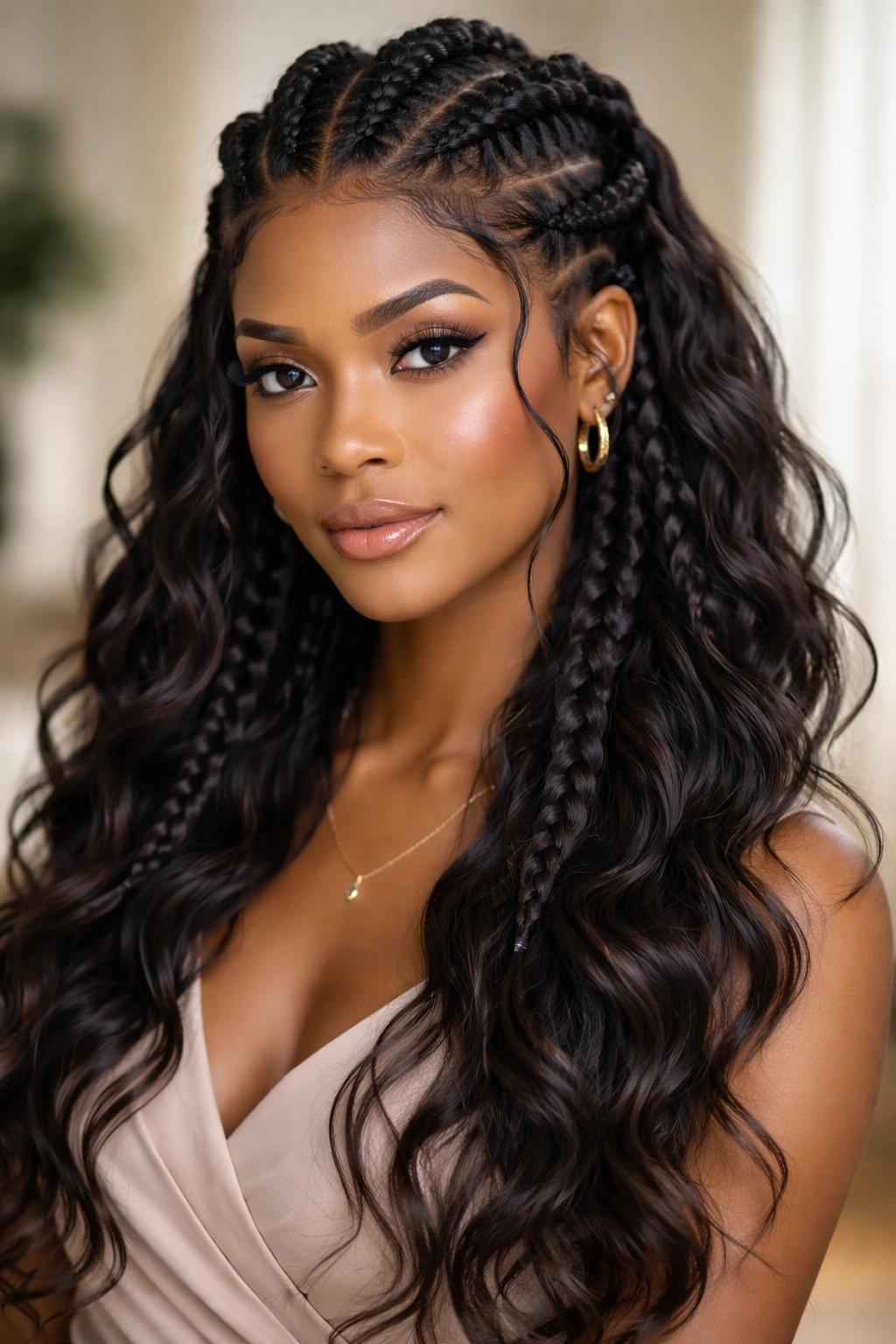 15 Protective Styles That Still Look Put Together 7 Close-up of goddess braids with loose waves framing the face