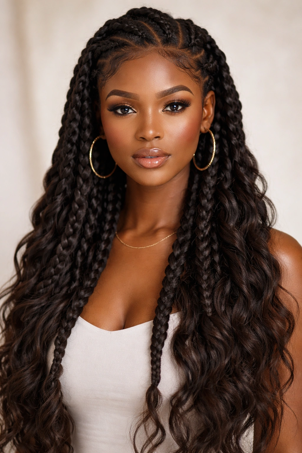 Goddess braids on a head with thick, loose weave.