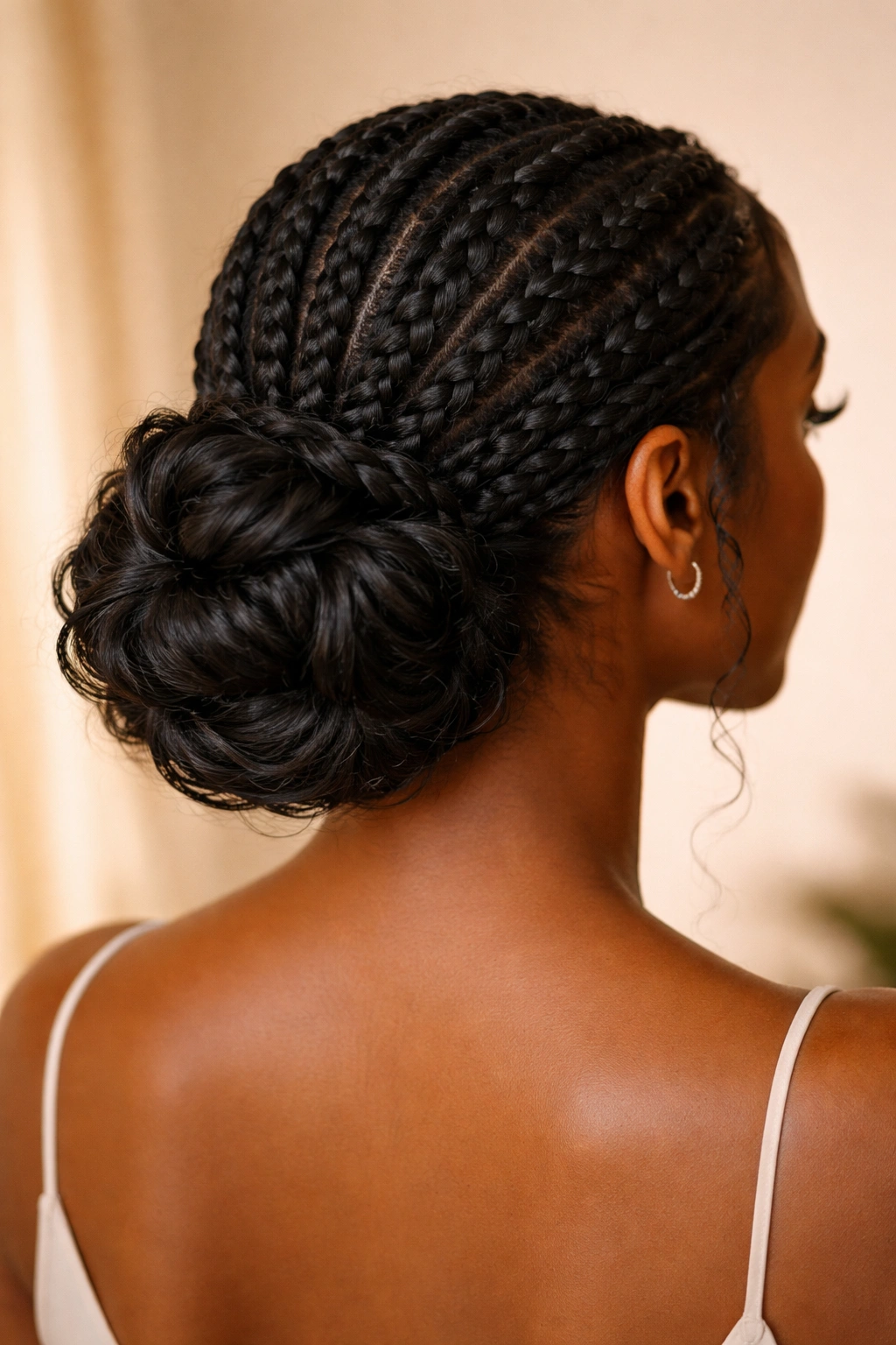 Thick goddess braids tied into a low, voluminous bun at the nape.