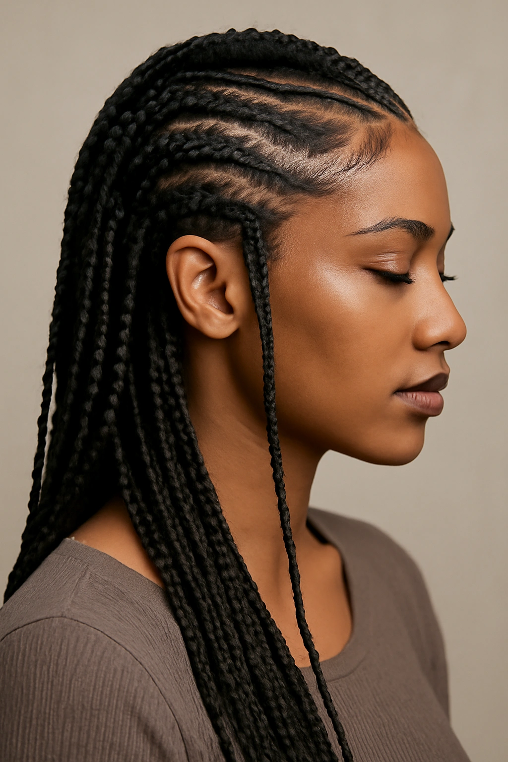Thick goddess braids with micro braids weaving between for a multi-textured sculptural pattern