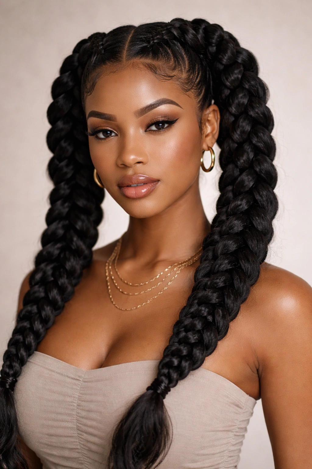 Thick goddess braids forming voluminous pigtails
