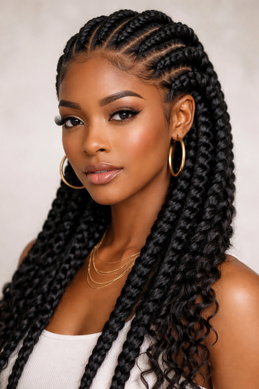 Frontal view of Goddess Braids with thick, flat braids across the scalp.