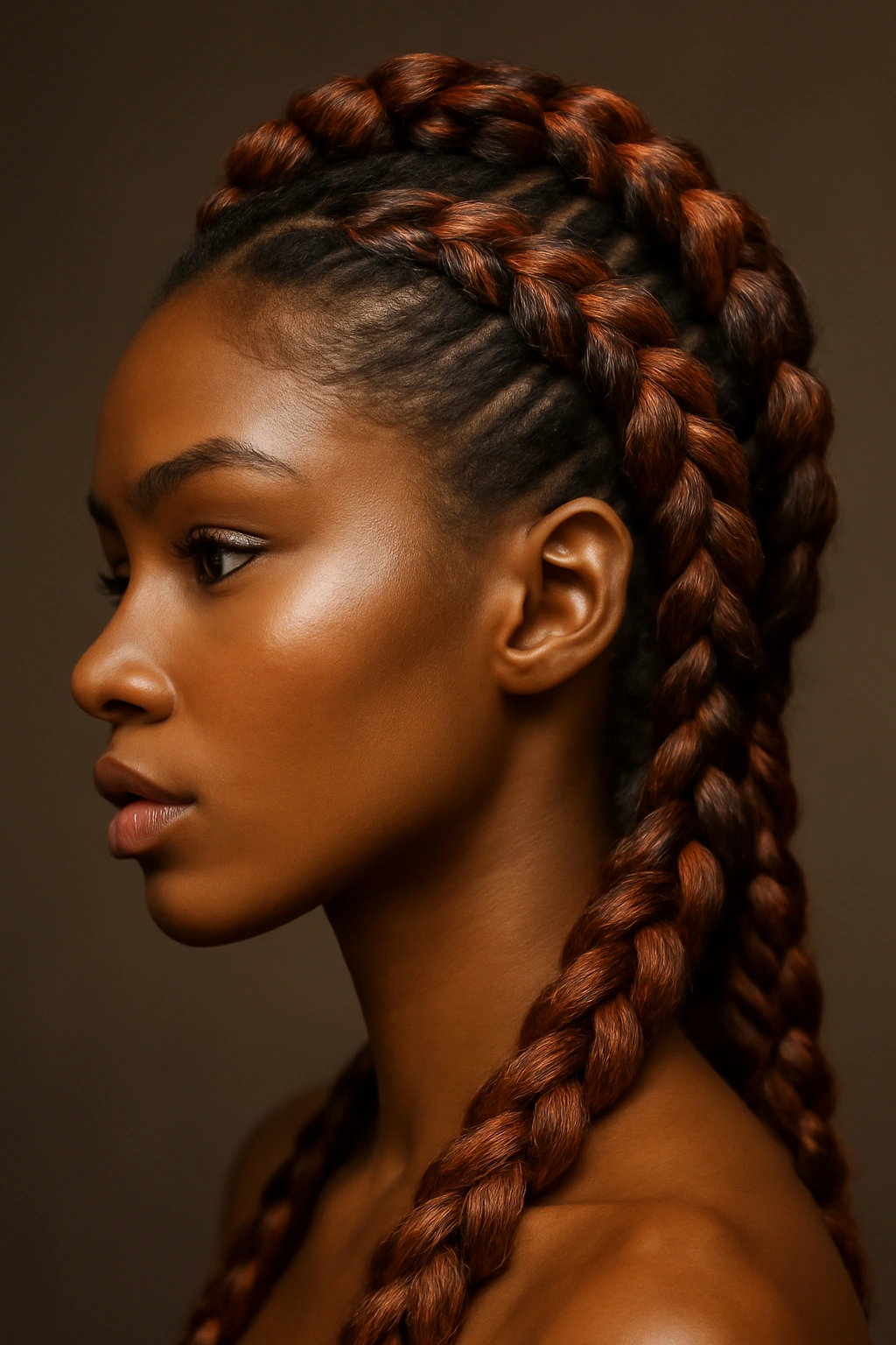12 Fall Hairstyles Black Women Will Look Great In 7 Close-up of sculptural goddess braids with warm copper tones.