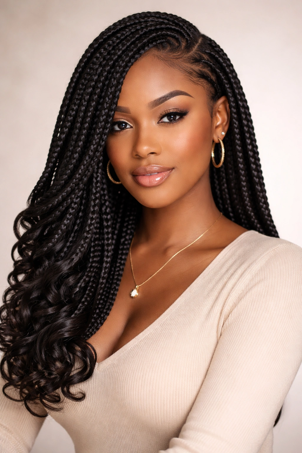 Close-up of goddess braids with a deep side part and curled ends on a Black woman
