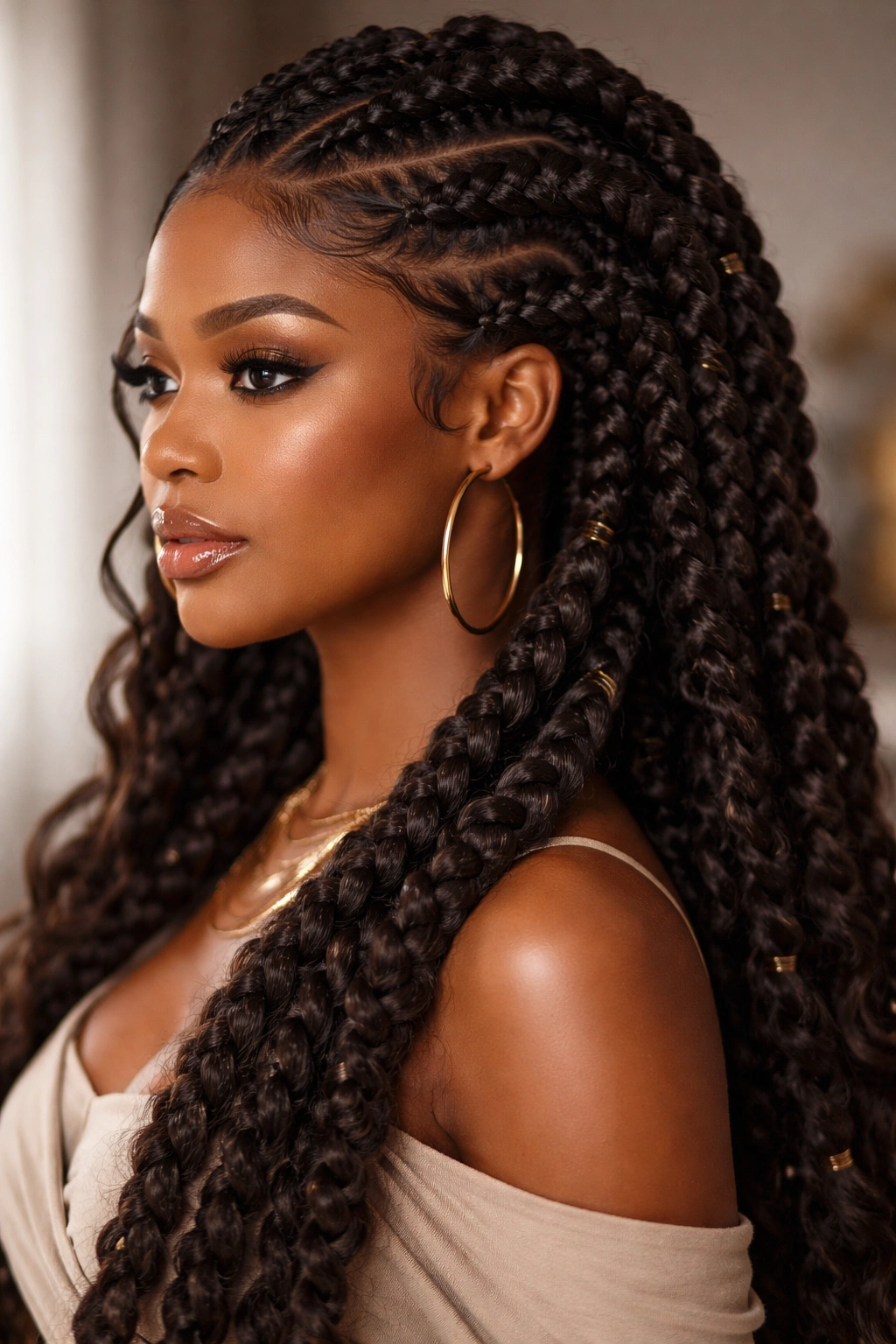 Thick goddess braids rope-like three-strand style around the head