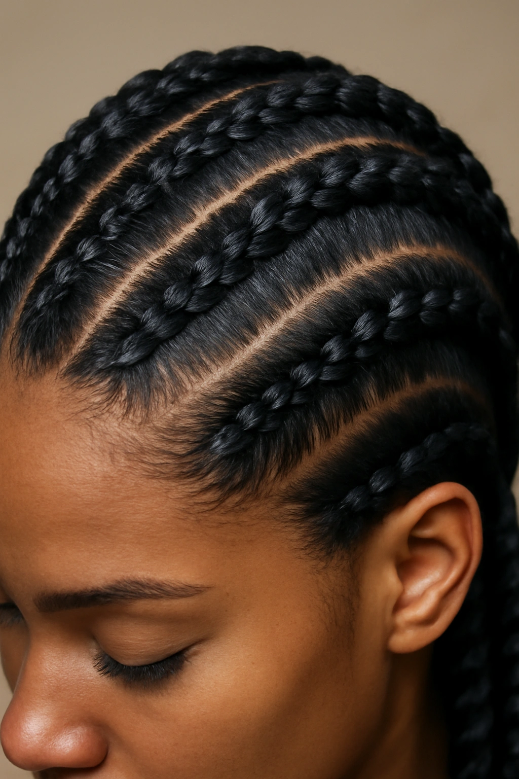 15 Short Braids for Natural Hair You Need to See 7 Close-up of thick goddess braids in sculptural curved patterns with soft lighting