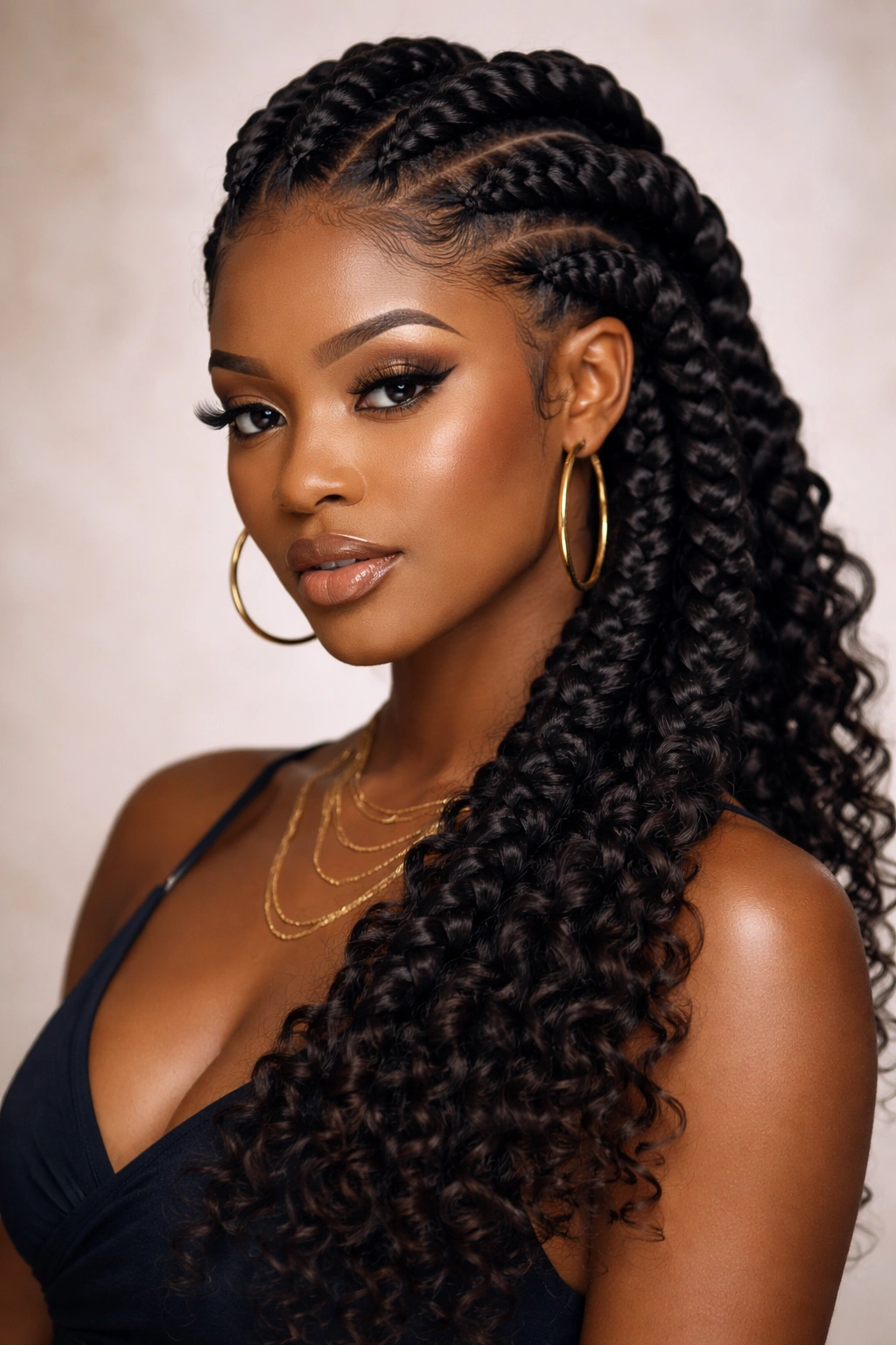 Close-up of thick goddess braids with added hair on a Black woman's head