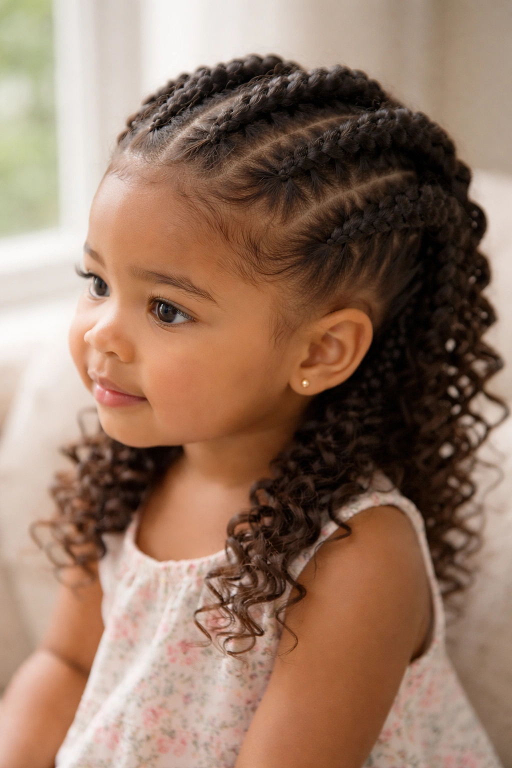 Toddler with loose goddess braids on top of head